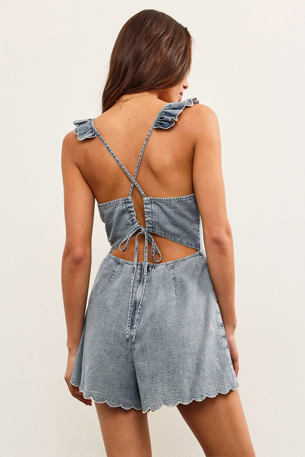 Sunkissed Spell Scalloped Trim Denim Romper- Light Wash