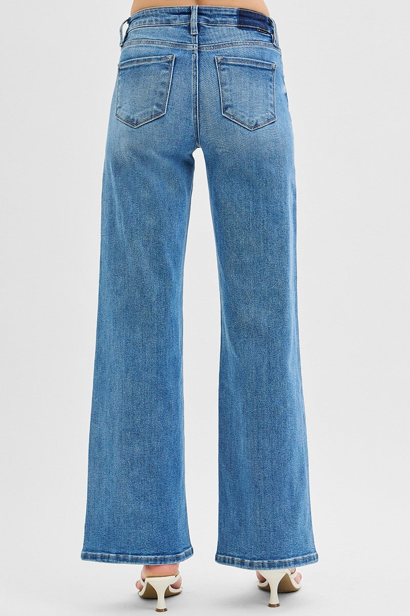 Risen Wide Leg Low Rise Jeans - Medium Wash
