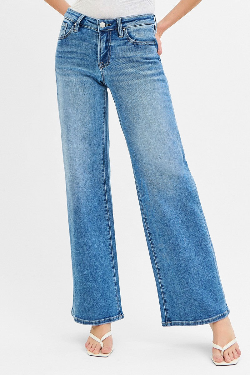 Risen Wide Leg Low Rise Jeans - Medium Wash