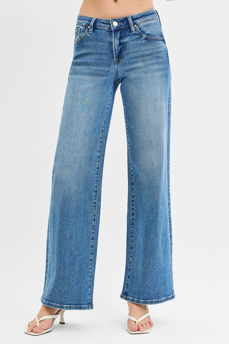 Risen Wide Leg Low Rise Jeans - Medium Wash