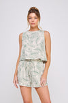 Green Tropics Palm Print Button Back Linen Top- Natural/Palm