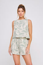 Green Tropics Palm Print Button Back Linen Top- Natural/Palm