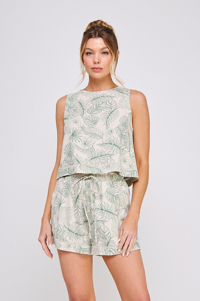 Green Tropics Palm Print Button Back Linen Top- Natural/Palm