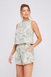 Green Tropics Palm Print Button Back Linen Top- Natural/Palm