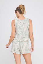 Green Tropics Palm Print Button Back Linen Top- Natural/Palm