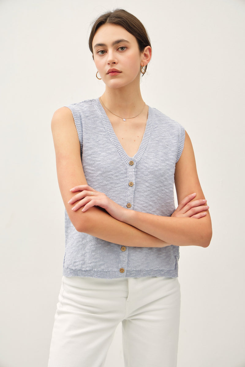 Heaven Sent Knit Button Front Vest (Extended Sizing)- Sky