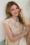 MINE Stripe Collared Short Sleeve Button Up - Khaki/Cream
