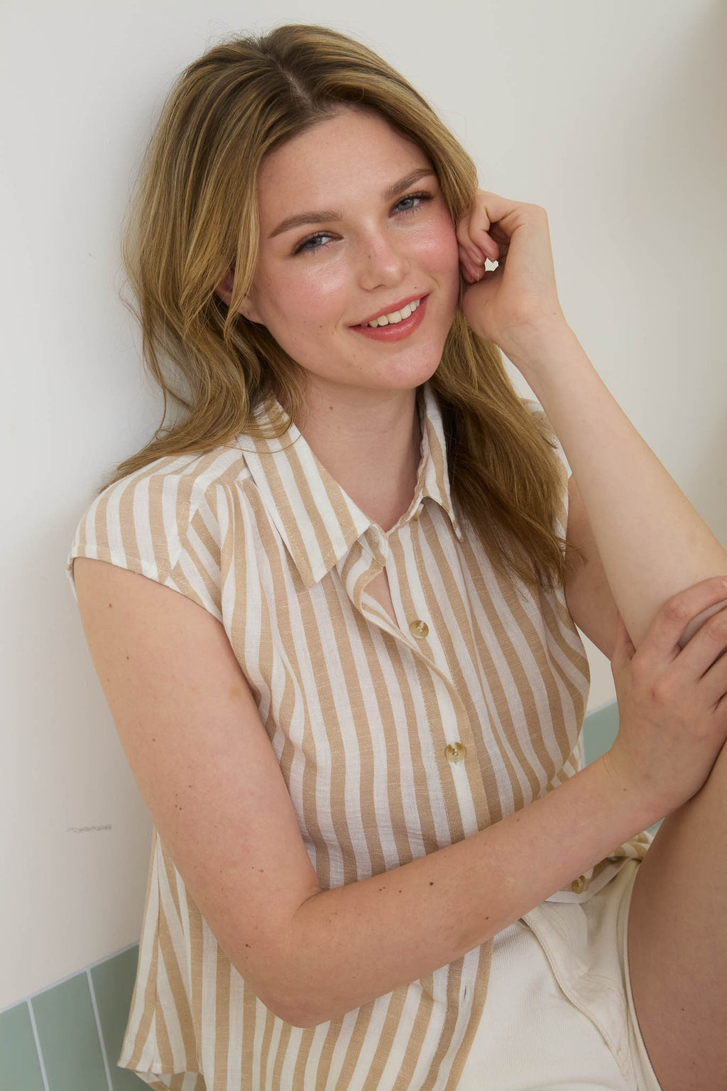 MINE Stripe Collared Short Sleeve Button Up - Khaki/Cream