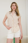 MINE Stripe Collared Short Sleeve Button Up - Khaki/Cream