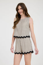 Wavy West Stripe Scallop Hem Sleeveless Top- Black/Khaki