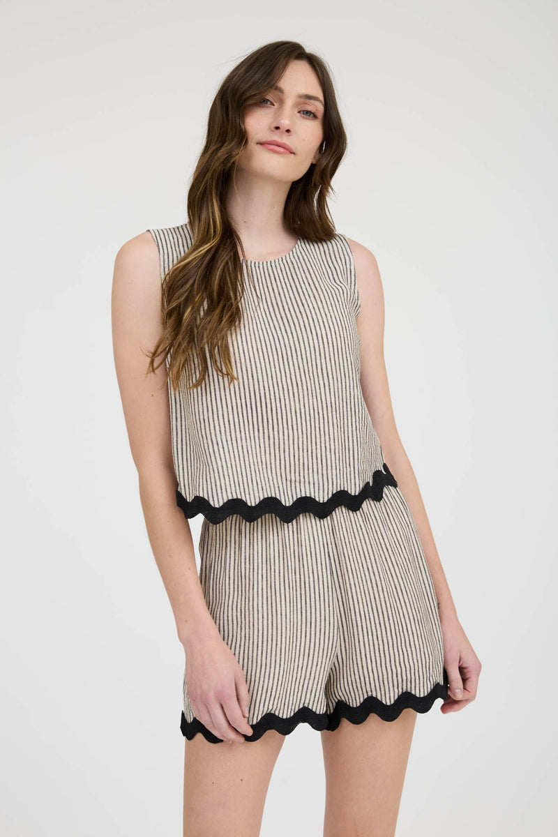 Wavy West Stripe Scallop Hem Sleeveless Top- Black/Khaki