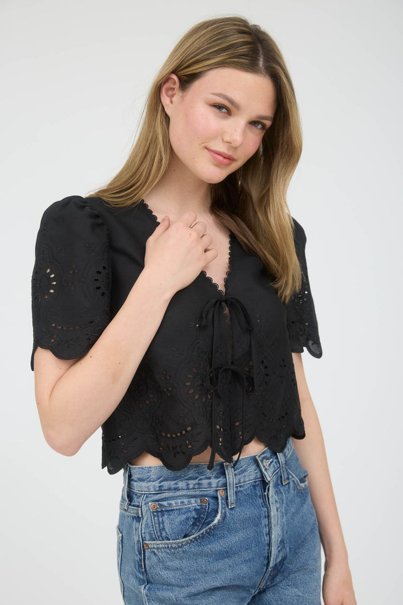 Eve Embroidered Eyelet Front Tie Top - Black