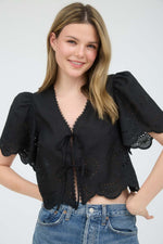 Eve Embroidered Eyelet Front Tie Top - Black