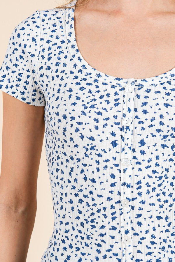 Gemma Oval Neck Floral Top - Navy/White