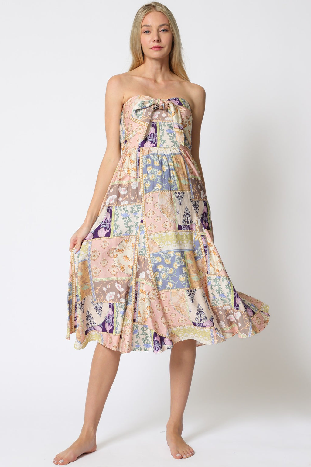 Tangerine Tides Multi Pattern Strapless Bow Detail Dress - Blush/ Multi