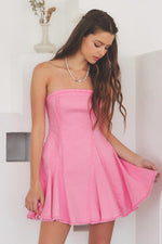 Summer Fling Raw Hem Strapless Mini Denim Dress - Pink