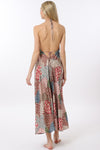 Summer Soiree Pattern Open Back Halter Dress- Tan/Multi