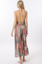 Summer Soiree Pattern Open Back Halter Dress- Tan/Multi