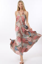 Summer Soiree Pattern Open Back Halter Dress- Tan/Multi
