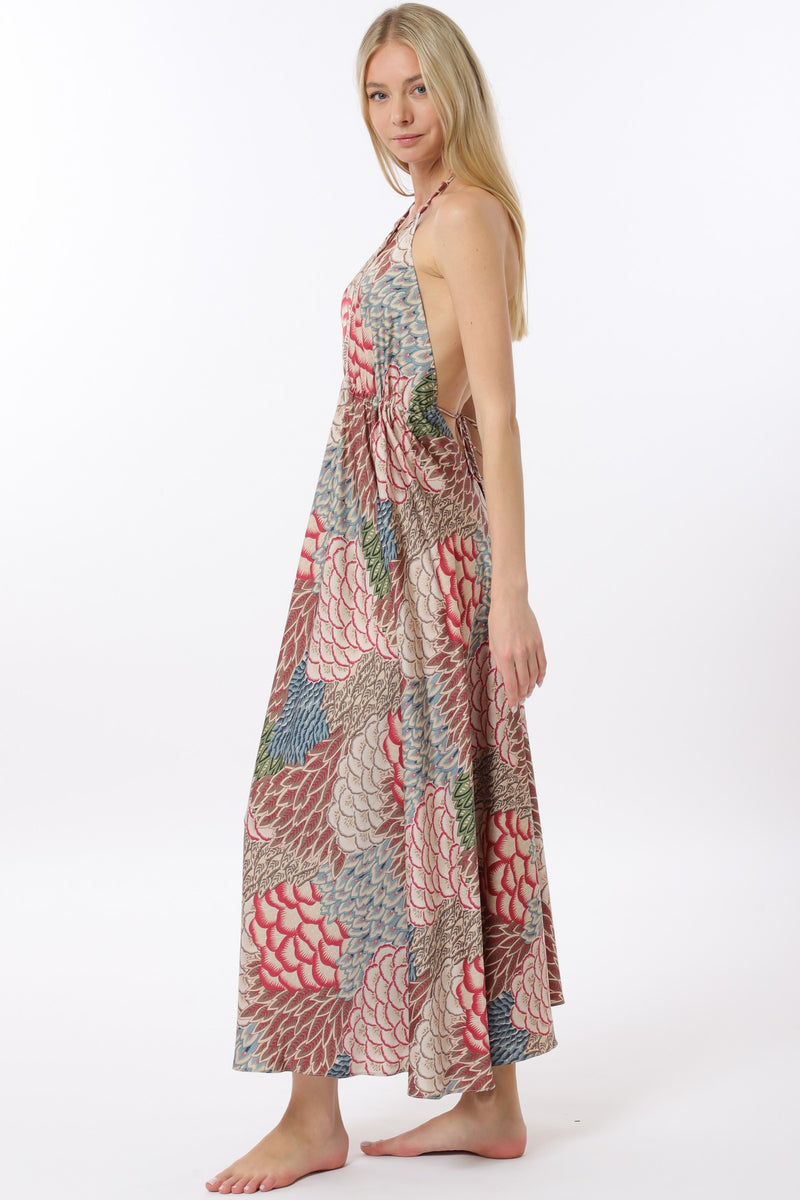Summer Soiree Pattern Open Back Halter Dress- Tan/Multi