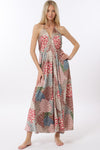 Summer Soiree Pattern Open Back Halter Dress- Tan/Multi