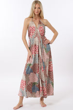 Summer Soiree Pattern Open Back Halter Dress- Tan/Multi