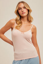 Late Night Lace Trim Ribbon Detail Cami - Blush
