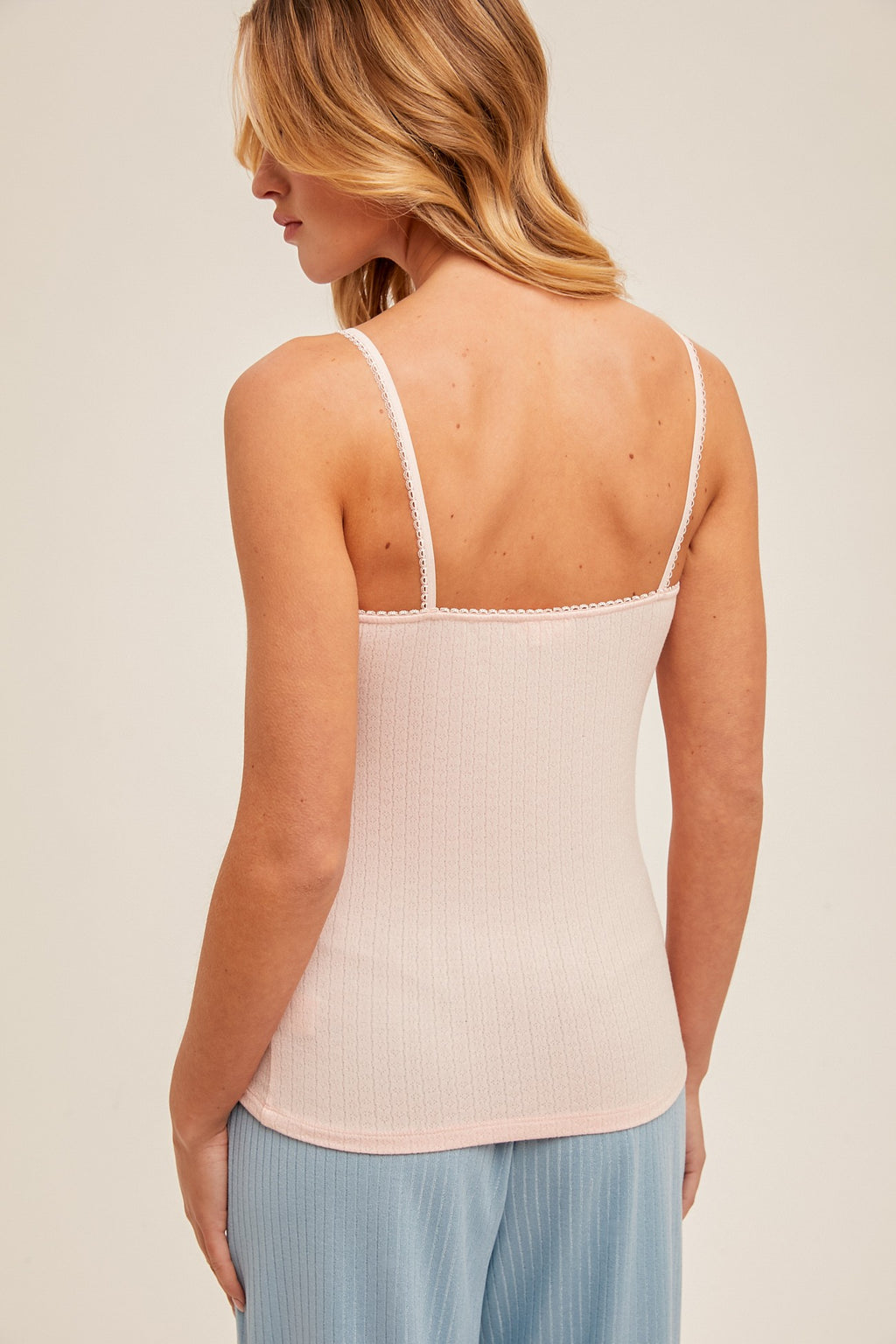 Late Night Lace Trim Ribbon Detail Cami - Blush
