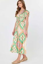 Tiempo Lace Up Printed Maxi Dress-Green/Multi