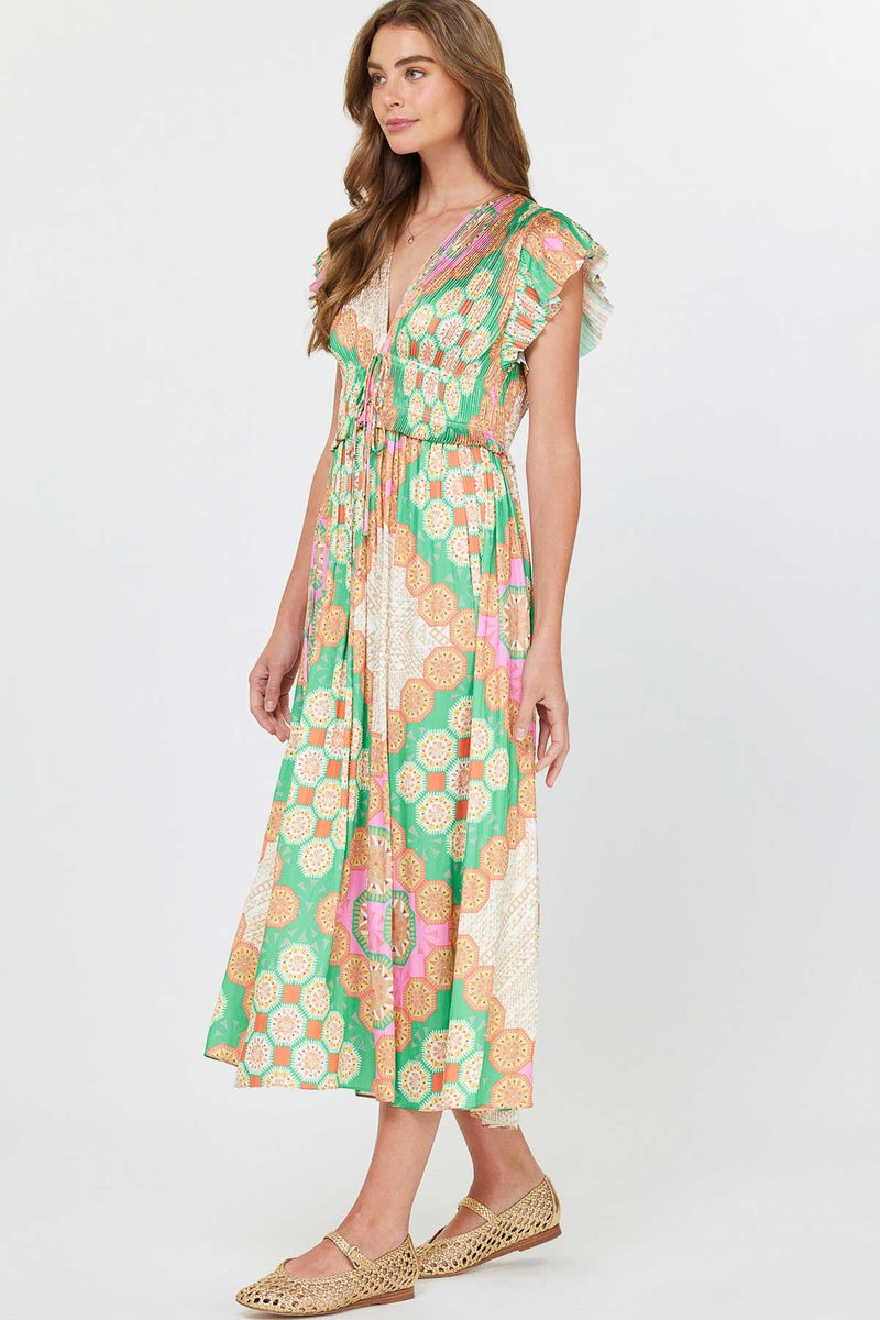 Tiempo Lace Up Printed Maxi Dress-Green/Multi