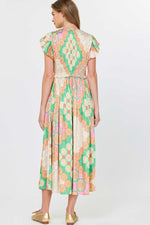 Tiempo Lace Up Printed Maxi Dress-Green/Multi