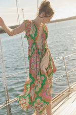 Tiempo Lace Up Printed Maxi Dress-Green/Multi