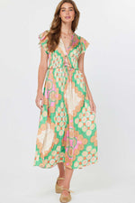 Tiempo Lace Up Printed Maxi Dress-Green/Multi