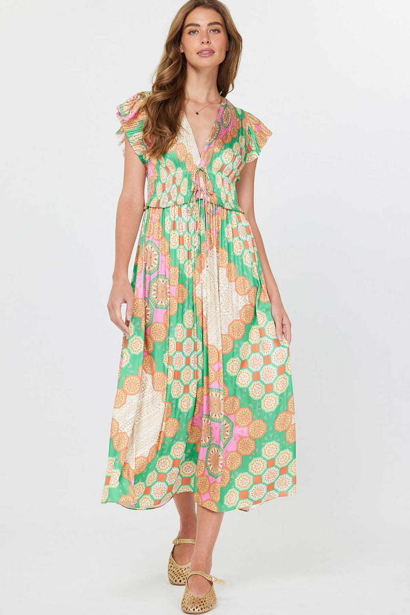 Tiempo Lace Up Printed Maxi Dress-Green/Multi