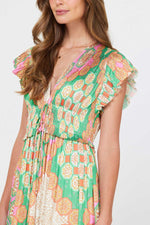 Tiempo Lace Up Printed Maxi Dress-Green/Multi