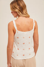 Bloom Baby Bloom Tank Top W/ Floral Embroidery- White/Coral