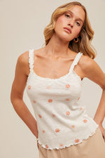 Bloom Baby Bloom Tank Top W/ Floral Embroidery- White/Coral