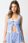 Belle of the Valley Lace Trim Front Tie Stripe Top- Sky/White