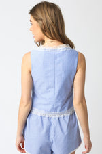Belle of the Valley Lace Trim Front Tie Stripe Top- Sky/White