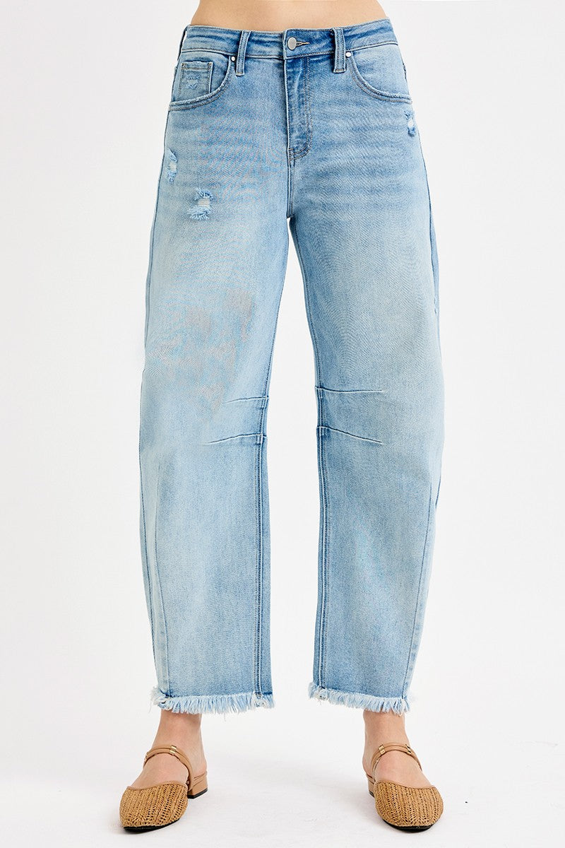 Risen Jeans Raw Hem Barrel Jeans - Light Wash