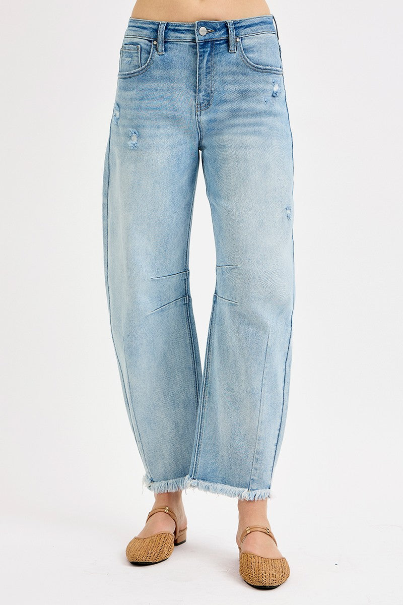 Risen Jeans Raw Hem Barrel Jeans - Light Wash