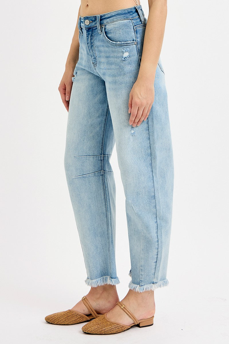 Risen Jeans Raw Hem Barrel Jeans - Light Wash