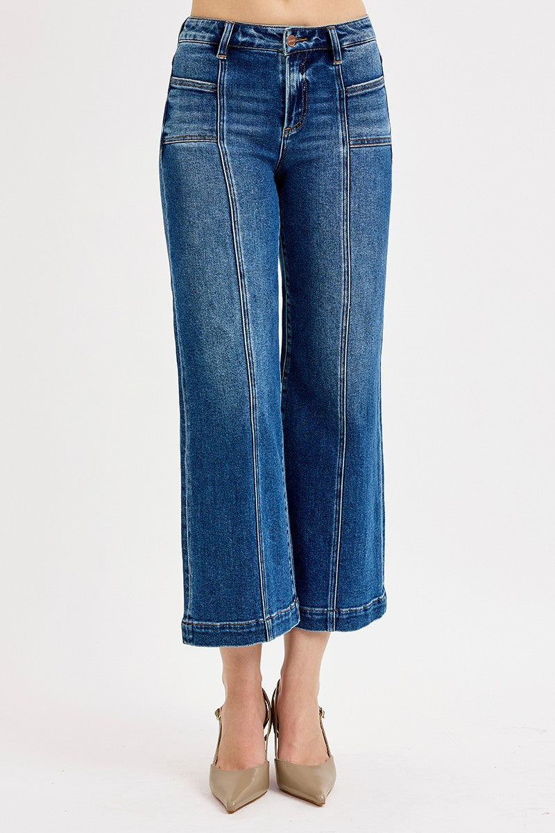 Risen Jeans Wide Leg Crop Denim Jeans- Dark Wash