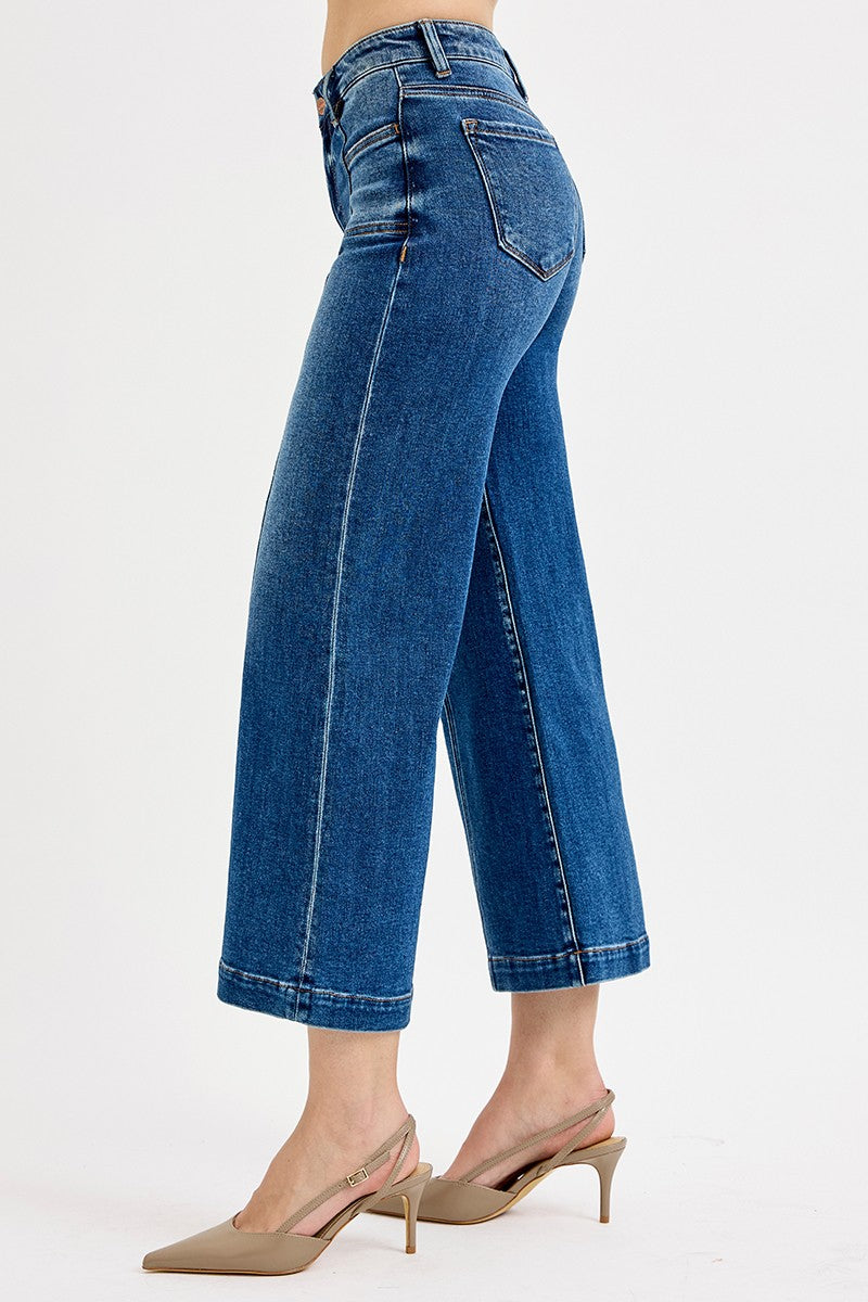 Risen Jeans Wide Leg Crop Denim Jeans- Dark Wash