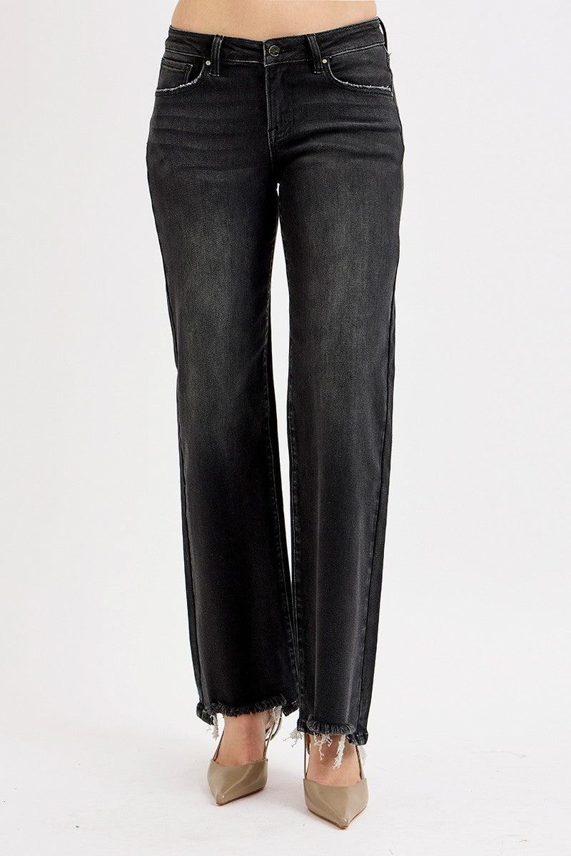 Risen Jeans Raw Hem Straight Leg Jeans - Vintage Black