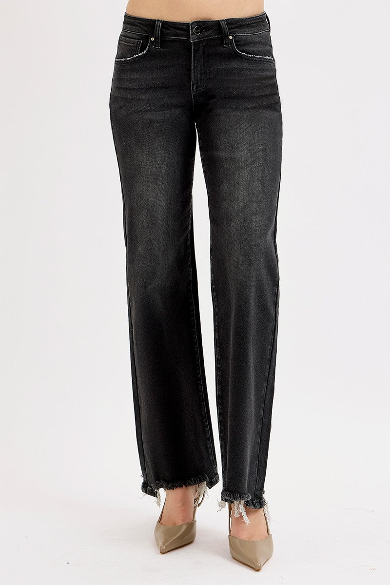 Risen Jeans Raw Hem Straight Leg Jeans - Vintage Black