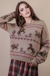 Desert Rose Crew Neck Western Print Knit Sweater - Brown