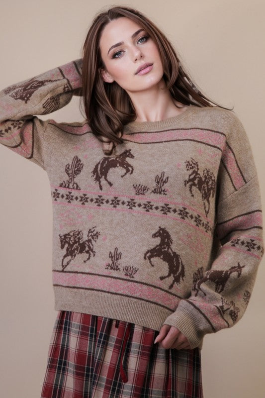Desert Rose Crew Neck Western Print Knit Sweater - Brown