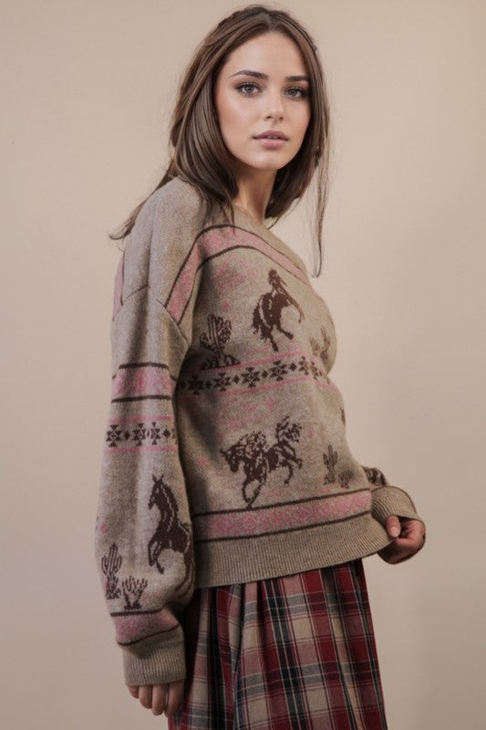 Desert Rose Crew Neck Western Print Knit Sweater - Brown