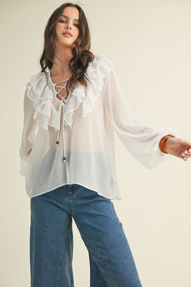 Frill of It All Long Sleeve Ruffled Blouse- White